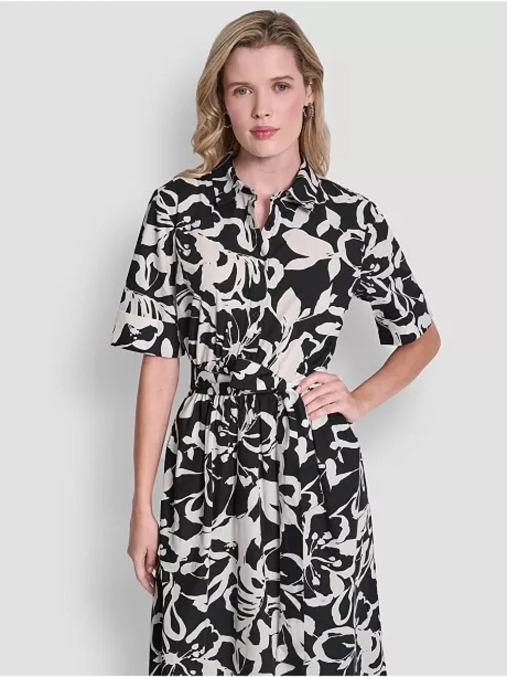 DKNY Elbow Sleeve Collared Neck Button-Front Belted Floral Midi Shirt dress
